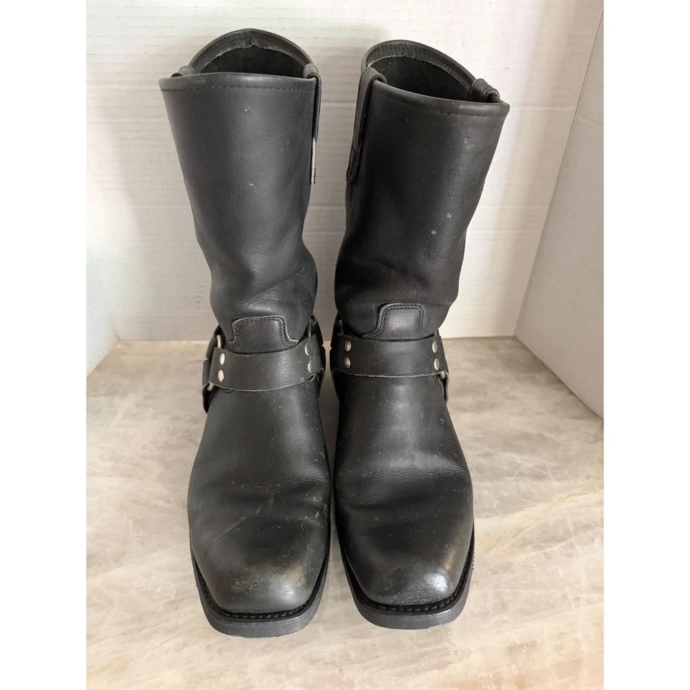 Double H Biker Boots Men Black Leather Square Toe Distressed Motorcycle 10.5